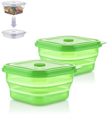 KLIPPSI® Lunchbox faltbar- Brotdosen Frischhaltedosen aus Platin Silikon hitze-kältebeständig, auslaufsicher, spülmaschinengeeignet (grün, 900ml (Doppelpack))
