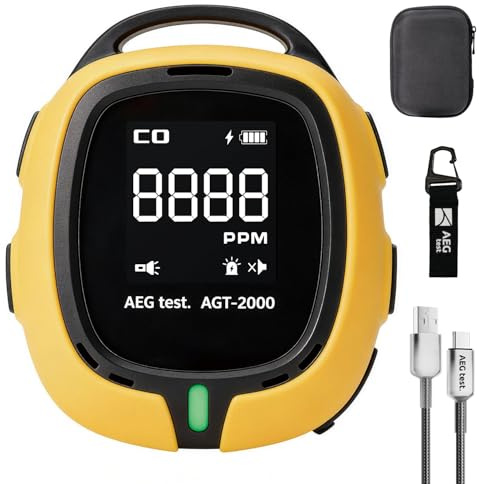 AEGTEST AGT-2000 Detector Portátil de Monóxido de Carbono para Viajes, 240 H en Espera, Detector CO con Alertas Audibles y Visuales, Recargable, con Linterna de Emergencia Integrada