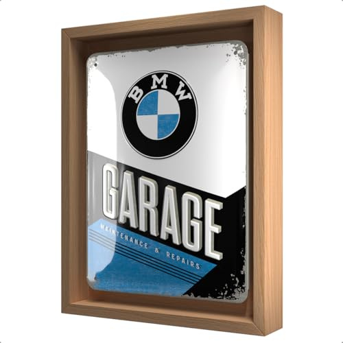 Nostalgic-Art BMW Blechschild im Holzrahmen, N-Frame S (18,5 x 24 x 3,5 cm), Garage Design, Original-Lizenzprodukt (OLP)