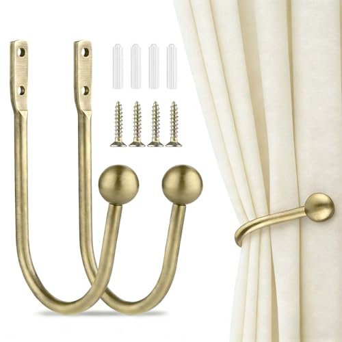 Curtain Tieback Holdbacks, 2pcs Metal Curtain Hooks for Wall Mounted, Curtain Drapery Holder Pull Backs for Hanging Items, Window Decoration, Antique Brass