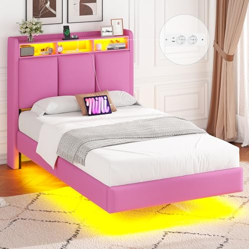 Brinlawb Schwebebett Polsterbett 90x200 cm mit LED-Beleuchtung und Ladestation (2 AC-Steckdosen, 1 USB-A, 1 USB-C-Anschluss) Kinderbett 90x200 mit gepolstertem Kopfteil, Jugendbett 90x200 Rosa Leinen