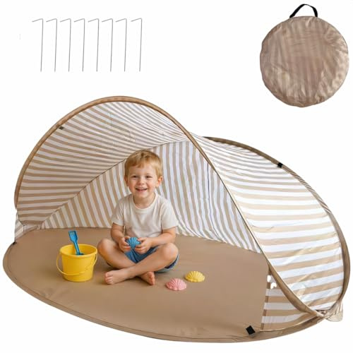 Tente de Plage Pop-Up Anti-UV UPF 50+, Parasol Pliant 180x125cm, Protection Solaire Imperméable pour Famille avec Sac de Rangement