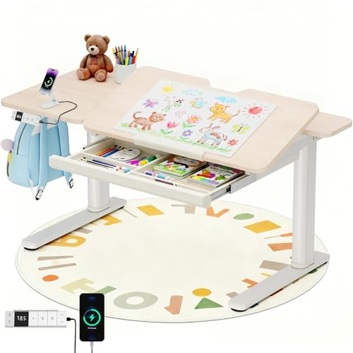 Devoko Kinderschreibtisch Höhenverstellbar, Schreibtisch Kinder 120 x 60 cm | Elektrisch Schreibtisch mit neigbarer Tischplatte & Schubladen, 3 Speicherplätzen, Schreibtisch Kinder ab 6 Jahren, Beige