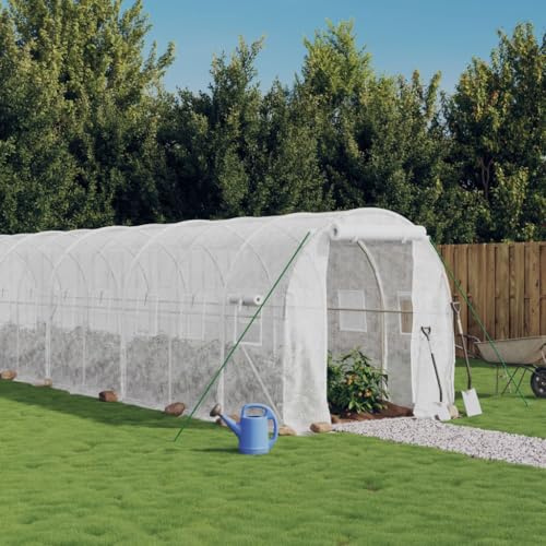 Drillkyn Serre avec cadre en acier blanc, 16 m², tunnel en film avec couverture en polyéthylène, 8 x 2 x 2 m, 4 fenêtres en filet, porte zippée, pour tomates, maison de culture, entretien du jardin