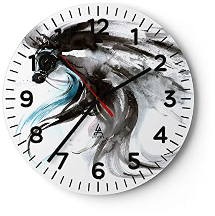 Modern Wanduhr Pferd Streifen Hengst Laufen 30x30cm Rund Klein Wand Uhr Glas Analog Zimmeruhren Küche Büro Wohnzimmer Glasuhr Wall Clock Dekoration Design Wanddekoration Küchenuhr C4AR30x30-3018