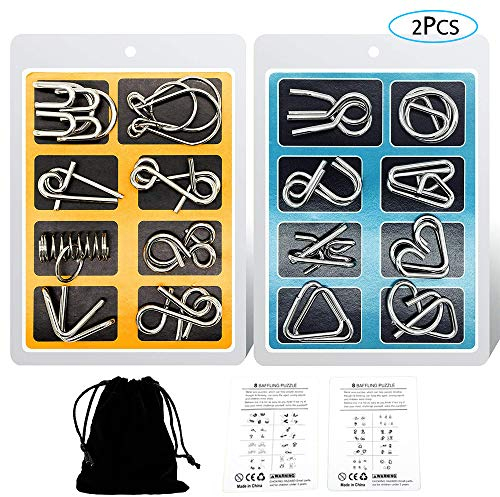 Casse-tête métallique Wire Set de 16, IQ Test Casse-tête Métal IQ Jigsaw Puzzle Jouet pour Adultes (Blue-Yellow)