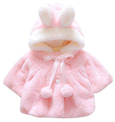 Enfant Bébé Fille Oreilles de Lapin Capuchon Doux Chaud en Coton Veste de Hiver Épais avec Dande Manteau à Chapeau (0-6 Mois, Rose)