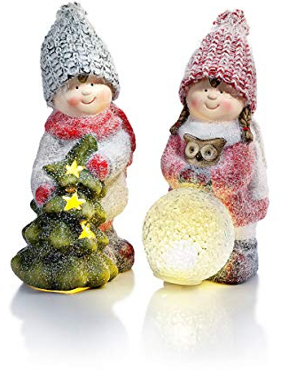 2er-Set Winterkinder Lina & Mats | Terrakotta-Figuren mit tollem LED-Leuchteffekt | Kugel aus EVA-Kunststoff und Tanne aus Terrakotta | liebevoll gestaltet mit dezentem Glitzer-Finish
