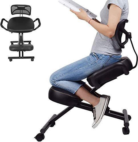 Ergonomischer Kniestuhl für das Büro mit Rückenlehne Einstellbare Haltungskorrektur Kniestuhl Mobiles Büro Sitzen 250 lbs Verschieben und Heben Haltungssessel 53 x 47 x 90cm