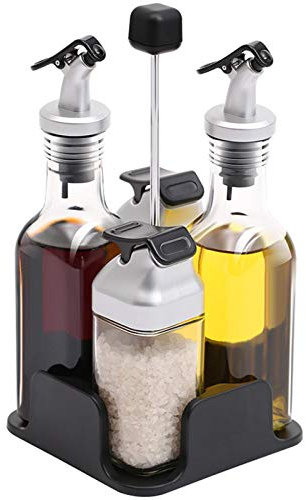 Oil and Vinegar Salt Pepper Dispenser Set with Tray Holder for Home Kitchen Restaurant Cooking