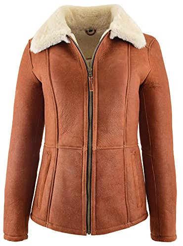 A1 FASHION GOODS Damen Echtes Schaffell Jacke Whiskey Merino Hüftlänge Beiläufig Shearling Mantel Lily (XL - EU 42)