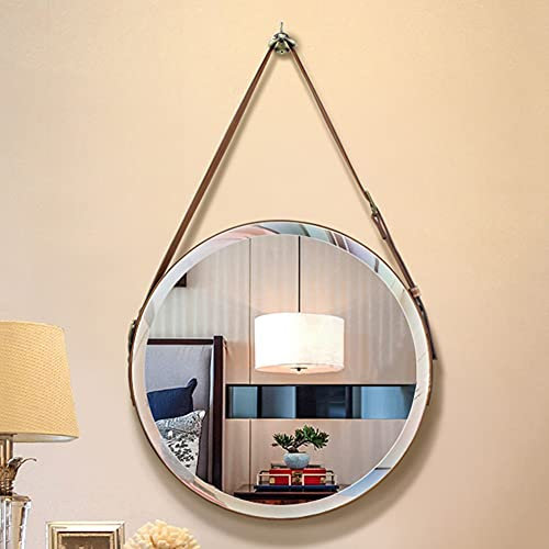 BcofoA Runder rahmenloser Schminkspiegel an der Wand, Badspiegel mit Lederband an der Wand, 60 cm HD/explosionsgeschützter Schminkspiegel für den Eingang, dekorativer Spiegel für den Hauseingang