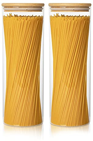 Joeyan 2000ml Boite Spaghetti, Bocal Hermétique avec Couvercle en Bambou - Lot de 2 Bocaux Rangement Cuisine en Verre Borosilicaté - Pot Conservation Bocal en Verre pour Farine Céréales