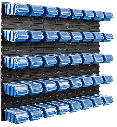 40 Stapelboxen schwarz Wandregal Deckel Kunststoff Werkstattregal 96,5 x 78 cm Werkzeug Werkbank (40 Boxen Blau)