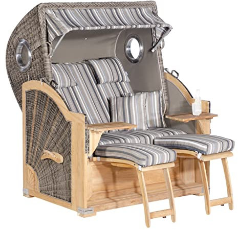 Müsing Rustikal 500 Plus-Comfort Strandkorb Bullaugen 3/4 Liegemodell 2-Sitzer Grau