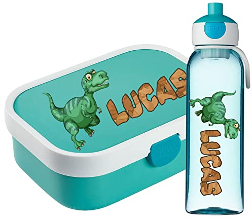 Ferocity Lunchbox Set für Kinder Jungen zur Schule Personalisiert mit Namen Brotdose Wasserflasche Trinkflasche BPA frei Essen für Unterwegs mit Gabel und Bento Fach To Go T-Rex [153]