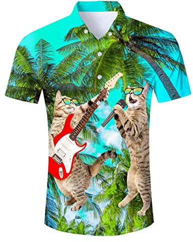 AIDEAONE Camicia Hawaiana Estiva Uomo Fashion Manica Corta Camicia da Spiaggia Vacanza Camicia Gatto