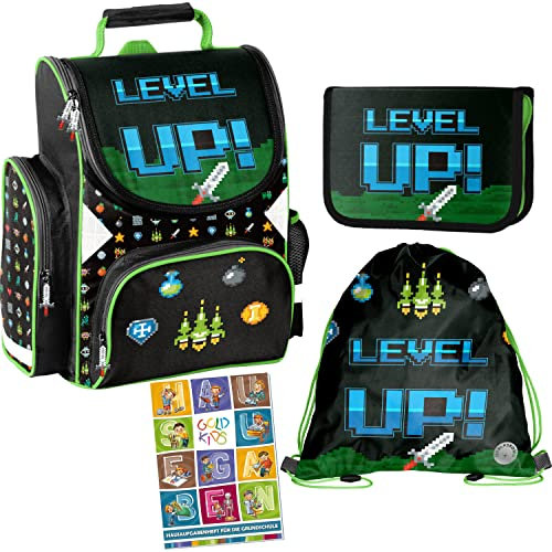 Goldkids Schulranzen Set Game Level Up ergonomischer Ranzen Federmappe Turnbeutel Aufgabenheft für die Grundschule 4er Set. Geeignet ab der ersten Klasse der Grundschule.