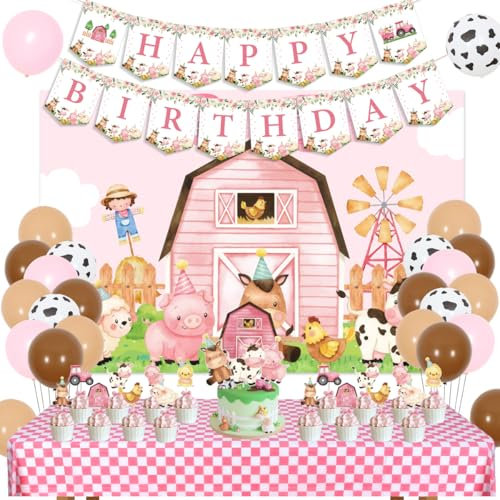 Rosa Bauernhof-Geburtstagsparty-Dekorationen für Mädchen, Bauernhof, Scheunenhof, alles Gute zum Geburtstag, Banner, Kuchendeckel, Party-Hintergrund, Tischdecke, Kuh, Schwein, Esel