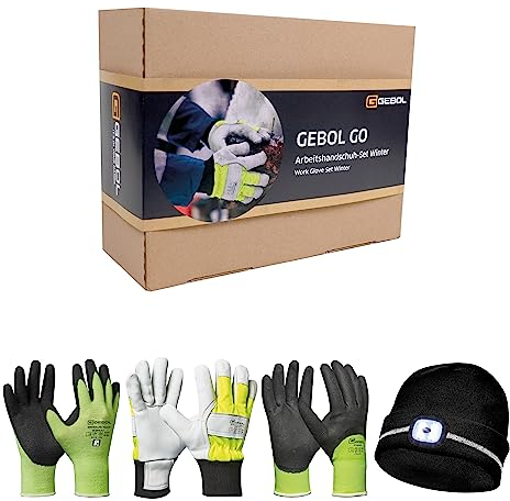 Gebol GO Arbeitsschutz-Set Winter | Größe L (Gr. 9) | LED-Mütze für Sicht und Sichtbarkeit | Arbeitshandschuhe für warme Hände bei Kälte | Für Herren | 3 Paar + 1 Mütze