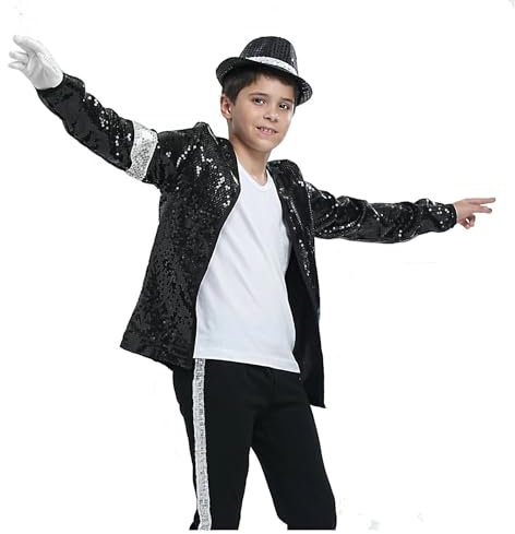 Shuanghao Kostüme Anzugjacken Jacket Top+Hat+Glove 3PS für Erwachsene Kinder Weihnachten Halloween Cosplay Puppe Partys Tänze Retro Punk Männer Frauen Mäntel Outfits Kleidung (Schwarz 170cm)