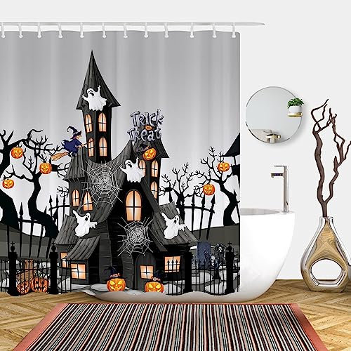 Abaysto Halloween Shower Curtain for Bathroom, Thriller House Spider Web Pumpkin Bath Room Curtain, Waterproof Bath Curtains for Halloween Decor with 12 Hooks 180X180CM