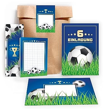 12 Einladungskarten zum 6. Kindergeburtstag Fußball Einladung Geburtstag Mädchen Kinder Jungs Jungen Boys Fussball Turnier incl. 12 Umschläge, 12 Tüten, 12 Aufkleber, 12 Lesezeichen, 12 Blöcke