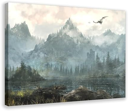 ALNILA Leinwand-Poster, Motiv: Elder Scrolls Skyrim, Wandkunst, Dekor, Bild, Gemälde für Wohnzimmer, Schlafzimmer, Dekoration, Rahmen-Stil, 60 x 90 cm