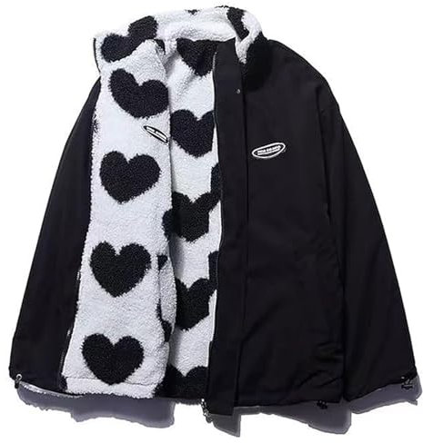GOZYLA Women's Fleece Zip Up Jackets Reversible Kawaii Heart Print Zipper Coats Aesthetic Y2k Clothes Tops E-Girl Baggy Sweatshirt (Color : Black, Size : S)