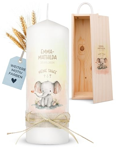 AMARI ® Taufkerze Personalisiert mit Namen - Elefant Herz (002.10.06) H:20cm/⌀:7cm - Kerze Selber Gestalten für Mädchen/Junge