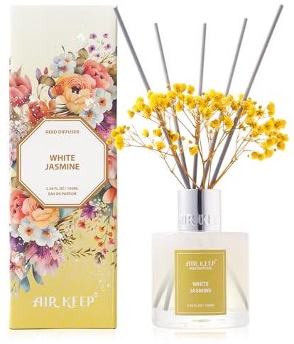 Airkeep Diffuseur de Parfum White Jasmine, Diffuseur Parfum Maison avec 8 Bâtonnets Diffuseur Parfum, Decoration pour Chambre, Salon, Salle de Bain, Bureau, 100ml