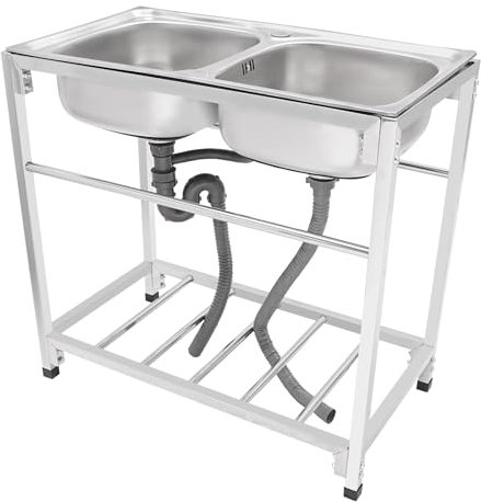 Außenspüle Freistehende Edelstahl Waschbecken Spültisch Doppelbecke, 83 * 43.94 * 76.96cm Küchenspüle Doppelbecken Spüle Arbeitstisch Waschbecken Edelstahl