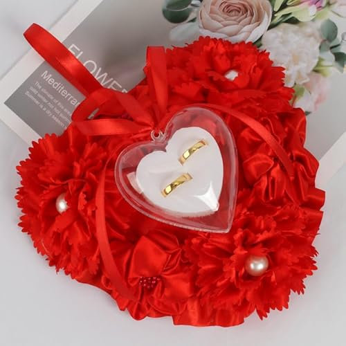 PTNKUIIY Ringkissen Hochzeit - romantische Rosen-Herzform Hochzeits-Ringkissen, Geschenk-Halter, Deko Ehering Kissen Hochzeit Ringbox für Hochzeits-Accessoires, Valentinstag, Hochzeit -Rot
