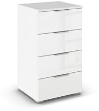 Rauch Möbel Mars Kommode, Nachttisch, Schubladenkommode, Aufbewahrungsschrank, Nachtschrank für Boxspringbett, 4 Schubkästen mit Glasfront, Farbe Alpinweiß, 47x81x42cm