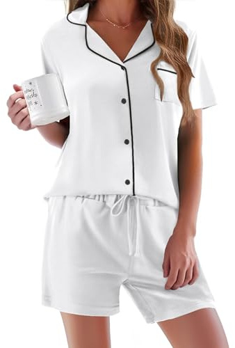Ekouaer Women's Pyjama Sets Sexy Kurz Sleep & Lounge Ladies Sommer Button Up Pyjama for Ladies V-Neck Nightwear Soft Loungewear, White, XL