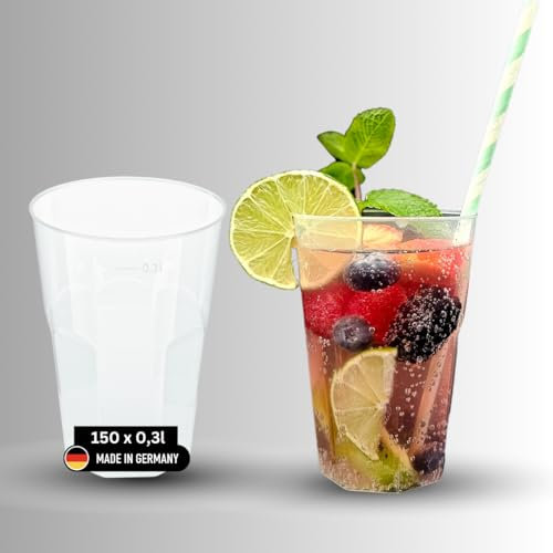 DeinPack 150 Cocktailbecher 300ml Made in Germany | wiederverwendbare Getränkebecher mit Eichstrich | bruchsicher | spülmaschinenfest | transparente Trinkbecher 0,3l | Partybecher