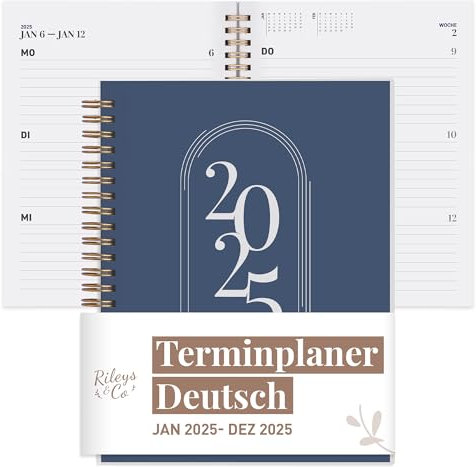 Rileys & Co 2025 Planer - Monatlicher und Wöchentlicher Agenda-Planer, Flexibler Einband, Doppelspiralbindung, Notizseiten, 20,3 x 15,2 cm (8 x 6 Zoll), Blau - auf Deutsch