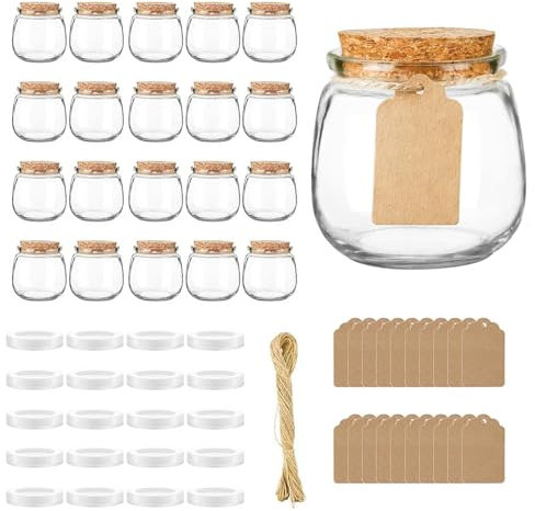 ZhouZGlass 20 Pack Empty Candle Jars, 7 oz Mini Yogurt Jar with Cork Lids, Honey Jars with PE Lids for Wedding, DIY Gift, Baby Shower, Spices, with Twine, Labels, Tags