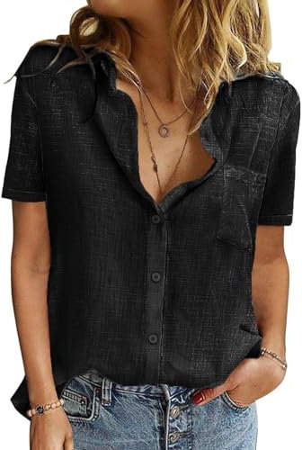UMIPUBO Womens Shirt Blouse Summer Casual Short Sleeve Shirts Ladies 100% Cotton V Neck Blouses Button Down Elegant Tops for Women Basic Loose Tunic T Shirts (Black, M)