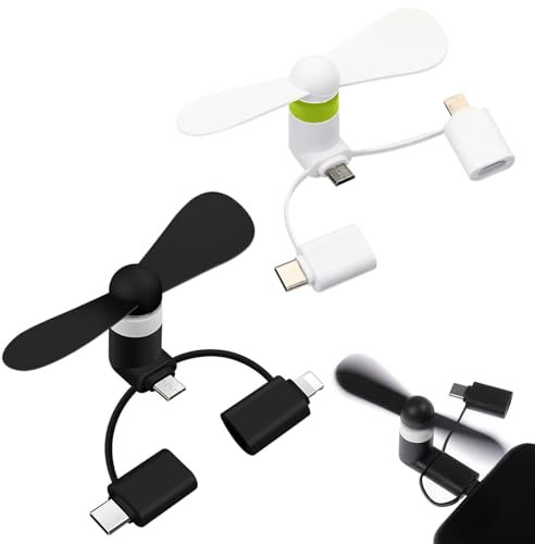 Ventole per Telefoni, Mini Ventilatore Portatile 3 in 1 USB per Casa, per Telefoni Android/USB di Tipo C, 2 Pezzi(Bianco+Nero)