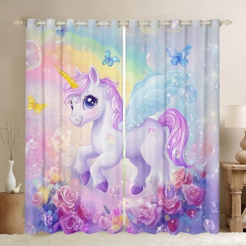 Girly Einhorn Fenster Vorhang, Nette Einhorn Regenbogen Galaxy Fenster Vorhänge Jungen, Kawaii Wildlife Blumen Romantische Fenster Behandlung Vorhänge für Wohnzimmer, S Größe,Guter Schattierungseffekt