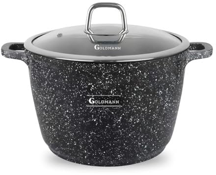 GOLDMANN 28 cm Cast Aluminium Saucepan / Soup Pot (10L) with Silicone Handles, Marble Ceramic Non-Stick Coating and Glass Lid