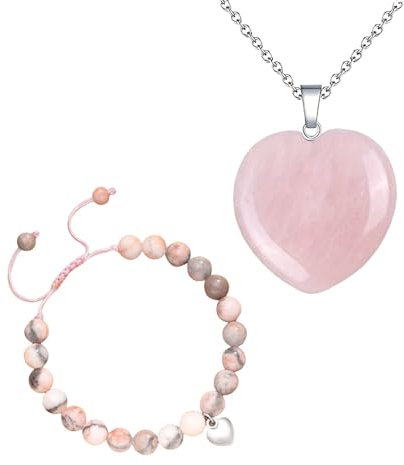 MUNSKT Bracelet d'amour en pierre naturelle avec collier coeur rose, bracelet réglable avec collier en cristal de quartz, idéal pour les cadeaux pour les femmes