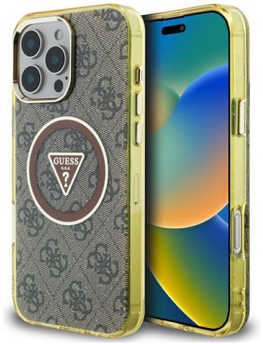 CG MOBILE Guess IML Metal Glitter 4G Circle Triangle kompatibel mit MagSafe Hülle für iPhone 16 Pro Max (Braun)