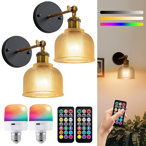 FTL Akku Kabellose Wandleuchte 2 Set, Glas Wiederaufladbare Wandlampe mit Fernbedienung und Timer, Innen Wandleuchte Batterie mit RGB Dimmbare Abnehmbare Glühbirne für Wohnzimmer, Schlafzimmer
