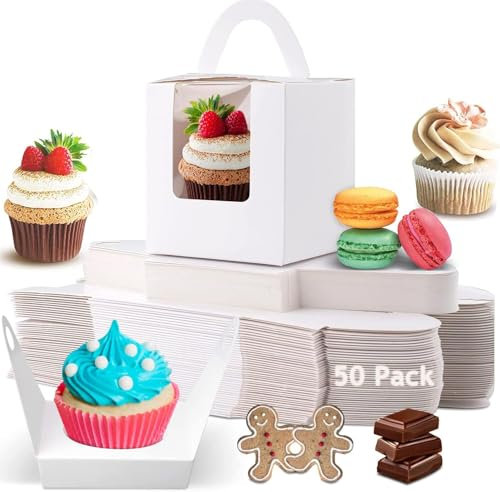Individual Cupcake Boxes,50PCS Single Cupcake Boxes Individual with Window Cupcake Holders White Bakery Cupcake Box for Birthdays Party, Weddings, Bridal Showers,Church Bakery Party (White 50pcs)