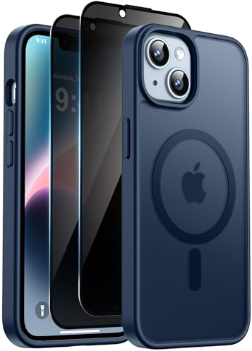 Helssitot Funda Magnétique para iPhone 13 / iPhone 14 con 2 Protector Pantalla de Privacidad [Protección Militar] Antideslizante Antihuellas Carcasa Parte Translúcido Mate Antiarañazos, Azul Oscuro