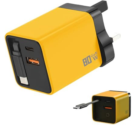 USB C 80W Charger with 0.8m Retractable Fast Charging Cable, 3-Port GaN Fast Charger, Supports PD/QC, UK Wall Charge Plug, Compatible with USB C Laptop, iPhone, Samsung Galaxy Phone, iPad, AirPods