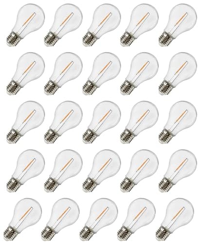 25 Stück E27 A60 1W LED Lampen, Ersatz 7W Glühbirnen Außen, 2700K Warmweiß, AC220-240V, G40 Globe Klar, Kunststoff Birne, Außenleuchten für Außen-Lichterketten, Camping, Straßen, Party (A60)