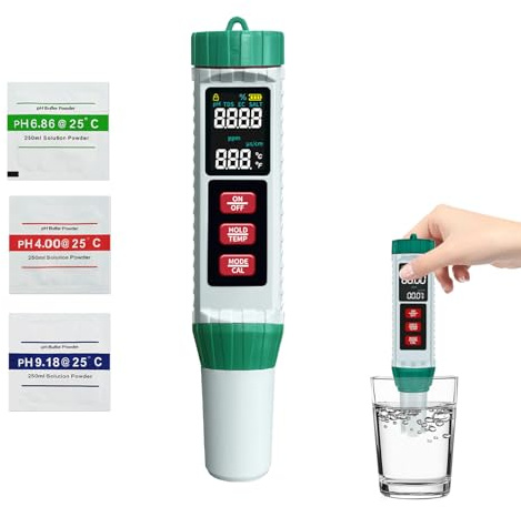PH Messgerät Wasser, 5 in1 PH EC TDS Salzgehalt Temperatur Hochpräziser Digital Pool tester mit LCD-Display, PH Messgerät für Trinkwasser, Pool, Aquarien, Hydrokulturen und Flüssigversuche